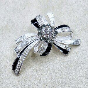 Vintage Crystal Rhinestone Bow Ribbon and Black Enamel Brooch Pin